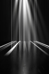 A black and white black of an empty room with only vertical lines and lights for background