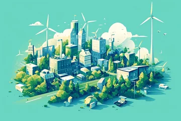 Zelfklevend Fotobehang Simplified illustration of an ecofriendly city with green cars, wind turbines and buildings made from sustainable materials © Photo And Art Panda
