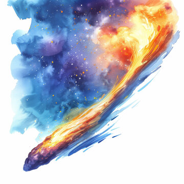 Watercolor Clipart Of A Comet's Tail, A Frozen Fire Streaking Through The Cosmos, Isolate On White Background A Celestial Wanderer's Trace