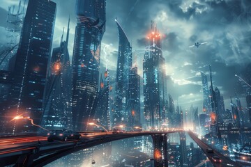 A futuristic city with sleek skyscrapers, innovative architecture, and a bridge in the foreground....