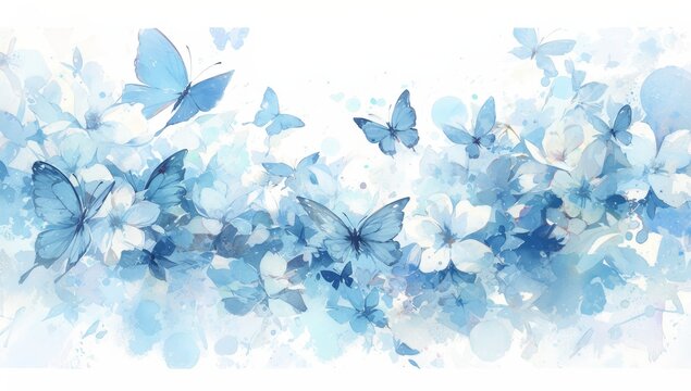 Watercolor butterflies in various shades of blue, flying around a white background with splashes and dots, creating an abstract and dreamy composition. 