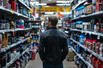A man standing in a store aisle, carefully looking at items on the shelves filled with auto parts as he browses the stores inventory - obrazy, fototapety, plakaty