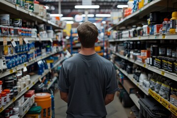 A man stands in a store aisle, carefully examining the shelves filled with various auto parts - obrazy, fototapety, plakaty