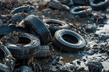 A stack of soiled tires is seen atop a muddy ground, illustrating pollution and environmental impact