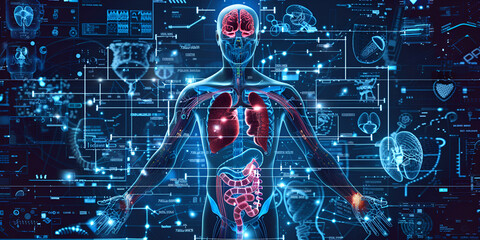 A digital illustration of a human body, A blue glowing human body
