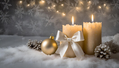 Fototapeta na wymiar Christmas gold candles with white bow, decorated, holidays, studio