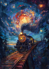 Mystical Train Journey Through a Cosmic Galaxy
