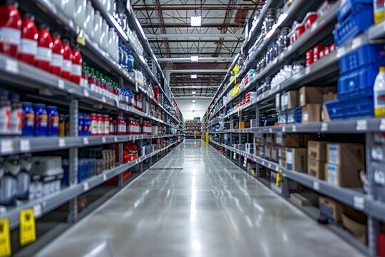 A large warehouse filled with neatly arranged shelves, viewed from the center aisle, showcasing the vast storage capacity of the space