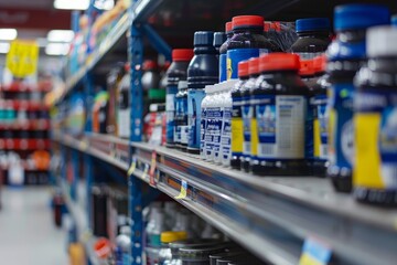 A store shelf packed with numerous bottles of liquid products, neatly arranged and prominently displayed