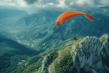 Hang Gliding Adventure Adventurous hang glider soaring above scenic landscapes - obrazy, fototapety, plakaty