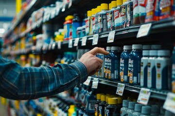 A person browsing store shelves picks up a bottle of mouthwash - obrazy, fototapety, plakaty