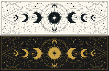 Moon phases. Set of mystical drawings with sacred lunar activity. Magical astrological symbols with mysterious geometry, crescent and moon stages. Cartoon flat vector illustration collection