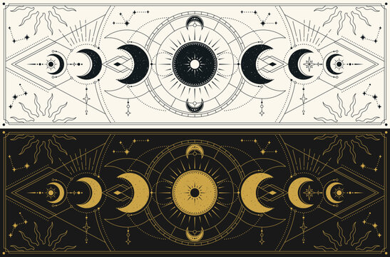 Moon phases. Set of mystical drawings with sacred lunar activity. Magical astrological symbols with mysterious geometry, crescent and moon stages. Cartoon flat vector illustration collection