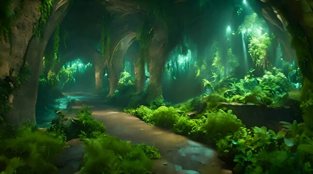 Lush Underworld, Sunlight Filters Through a Water-Filled Tunnel with Greenery