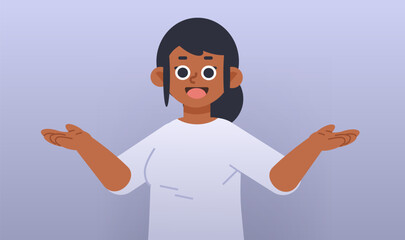 Friendly smiling African American woman on gray background. Vector illustration for advertising with copy space