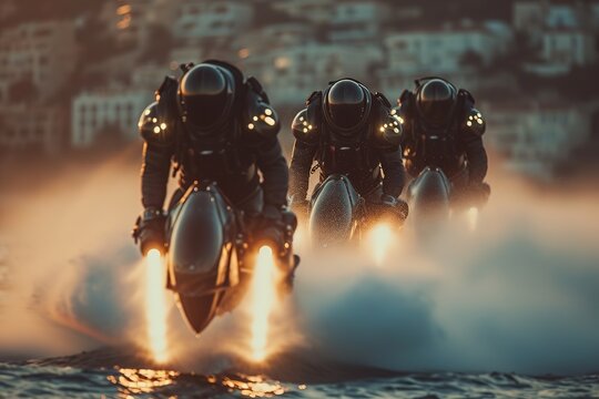 Jetpack Racing Extreme sport athletes racing with jetpacks in the sky