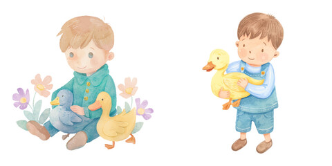 cute kid with duck watercolor vector illustration