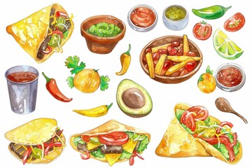 Watercolor illustrations of traditional Mexican cuisine including tacos, chips, and guacamole on a white background