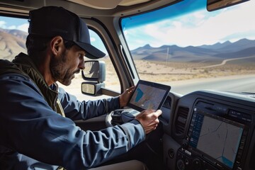 A man is seated in the drivers seat of a truck, seen through the windshield - obrazy, fototapety, plakaty