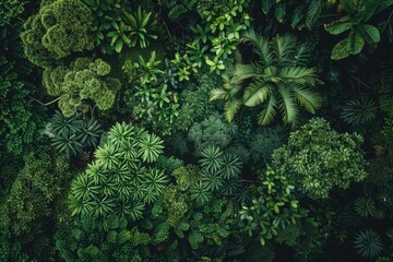 A top-down view of a dense tropical forest filled with vibrant greenery