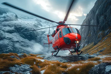 Foto op Plexiglas Mountain Rescue Helicopter Helicopter performing a rescue operation in mountain terrain © create