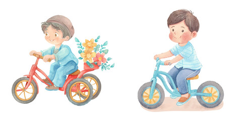 cute kid with tricycle watercolor vector illustration