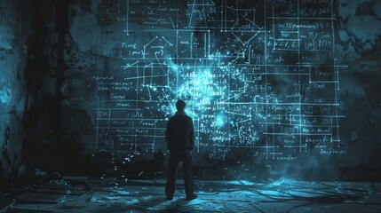 a stoic figure standing in front of a wall filled with equations. theory of everything. solve equations. wall sized glowing computer screen. scribbles of calculations and code. digital art - obrazy, fototapety, plakaty