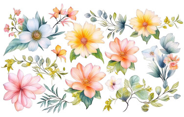 Illustration watercolor Floral in Garden, wildflower, colorful flowers, on transparent background with png file. Cut out background.