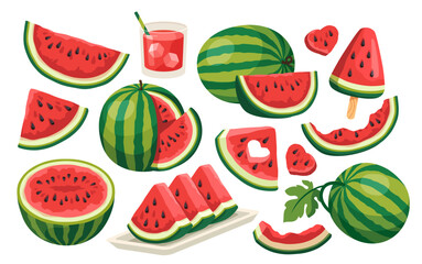 Watermelon icons set. Whole watermelons, juicy triangular slices, refreshing fruit cocktails, green peel and red water melon pulp. Cartoon flat vector illustrations isolated on white background