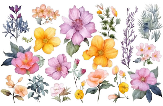 Illustration watercolor Floral in Garden, wildflower, colorful flowers, on transparent background with png file. Cut out background.