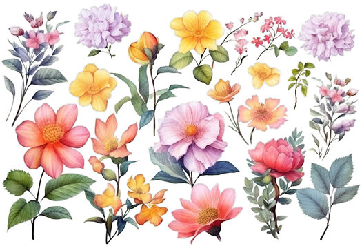 Illustration watercolor Floral in Garden, wildflower, colorful flowers, on transparent background with png file. Cut out background.