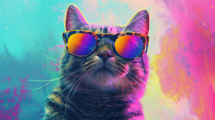 cool cat with sunglasses on colorful background. ultra realistic on a vibrant background Generative AI