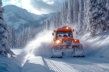 Snowcat Grooming Ski Trail Snowcat vehicle grooming a trail at a ski resort - obrazy, fototapety, plakaty