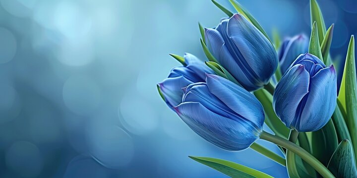 Gently blue tulips on a blue background, close-up view, background, wallpaper.