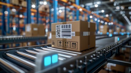 Automatic logistics management. smart packaging into the warehouse workflow, Cardboard box tags and QR codes for efficient tracking, authentication, and traceability throughout the supply chain - obrazy, fototapety, plakaty
