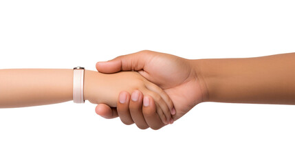 Parent and child hands holding each other, isolated on transparent background