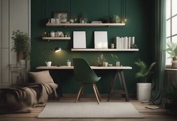 Cozy dark green workplace interior at home wall mockup 3d render
