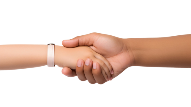 Parent and child hands holding each other, isolated on transparent background