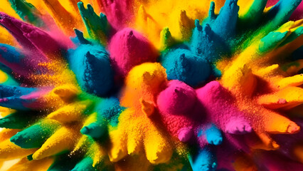 Abstract heaps of colorful holi powder rainbow powder paint explosion top view. - obrazy, fototapety, plakaty