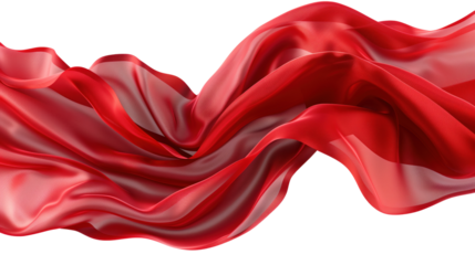 Luxurious red satin fabric with elegant waves and glossy texture  isolated on transparent background 