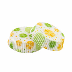Flat white paper baking forms for muffins and cupcakes with citrus pattern