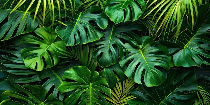 Large massive tropical dark green leaves, background, wallpaper.