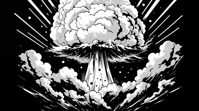 Hand drawn cartoon exploding mushroom cloud black and white illustration
