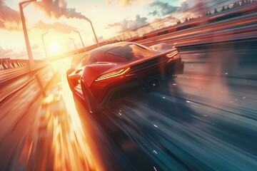 A high-angle cinematic shot of a high-speed car chase on a futuristic test track. Prototype vehicles with gleaming metallic finishes, accentuated by special effects