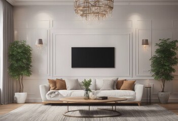 Hampton style living room interior wall mockup 3d render