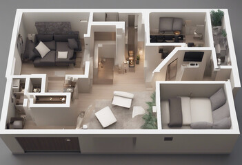 Home floor plan top view 3D illustration Open concept living apartment layout