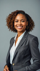 african american businesswoman wearing elegant suit smiling while looking at the camera on a clean background