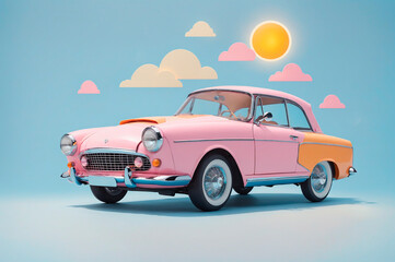 Summer road trip with vintage pink car for crazy beach vacation. Travel concept in summer season.