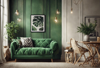 Home interior mock-up with green sofa table and decor in living room 3d render