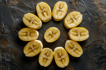 Top view circular sliced bananas. Fruit background. Generative AI.